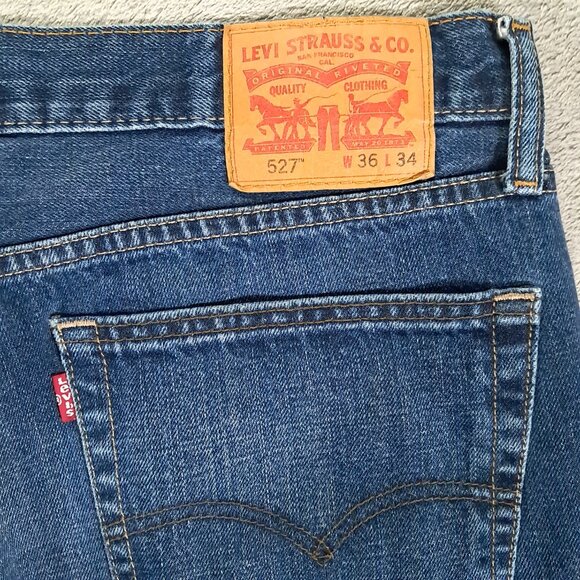 Levis 527 Jeans Mens 35x32, Tag 36x34 Boot Cut Whiskers Blue Denim Western - Picture 6 of 14